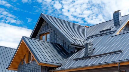 Contemporary House with Unique Sloped Metal Roof in Bright Blue Sky Scene, Concept of Modern Architecture, Sustainable Building Design, Innovative Roofing Structures