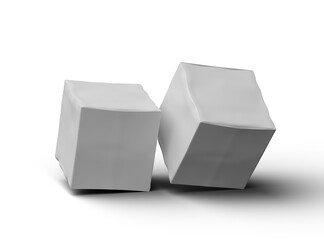 Rendered image of a small white cubic dented box on a transparent background