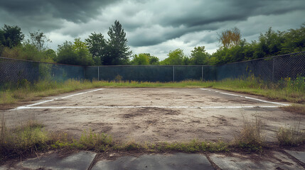 A rugged baseball field with cracked dirt and faded chalk lines surrounded by a chain-link fence and overgrown grass.