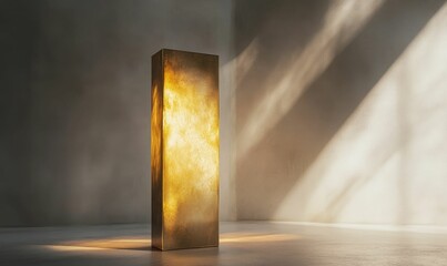 Illuminated gold rectangular object, minimalist room.