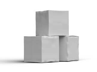 Rendered image of a small white cubic dented box on a transparent background