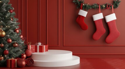 Blank podium, Christmas stockings hanging nearby, 3D illustration v3