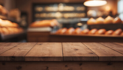 A rustic empty wooden tabletop is set in a cozy bakery filled with the aroma of fresh bread. On blurred background shelves display a variety of golden loaves. Template for advertising of product.