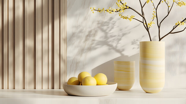 A modern design concept combining marble light wood and yellow ceramics accented with beige details.