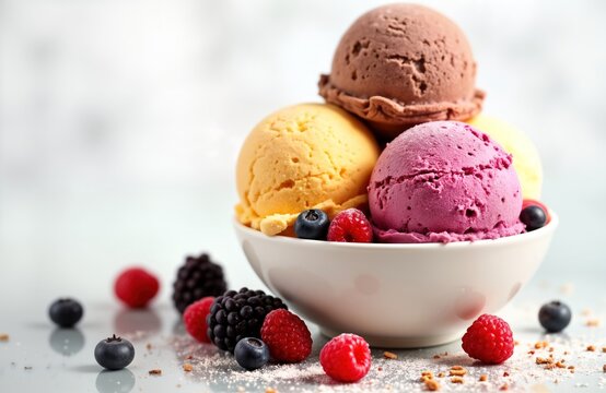 Three scoops of ice cream with assorted toppings. Ice cream flavors chocolate, yellow, pink. Many fresh fruits on top of ice cream. Bowl white, background transparent. Mockup template for artwork
