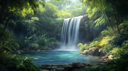 A secluded tropical jungle clearing with a gentle waterfall cascading into a crystal-clear pool encircled by lush vines and greenery.