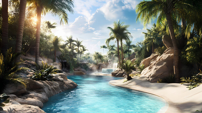 Desert oasis with palm trees and a clear blue pool, hyperrealistic photo,. Oasis. Illustration