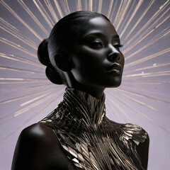 Portrait en studio d'une femme &agrave; la peau noire avec un maquillage de dorure