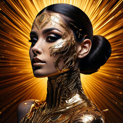 Portrait en studio d'une femme latine avec un maquillage de dorure