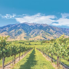 Naklejka premium Scenic vineyard landscape with mountains and blue sky.