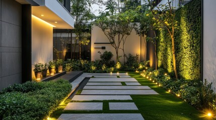 Fototapeta premium Modern home exterior courtyard with pathway, landscaping, and lighting.