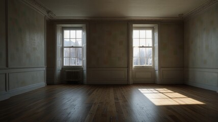 Empty room with sunlight streaming through large windows.