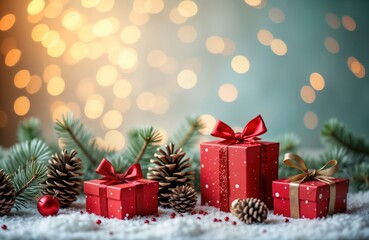 Festive Christmas scene shows red gift boxes with red ribbons, gold details on snow. Pine branches, pinecones arranged around gifts. Bokeh lights create warm, festive atmosphere. Represents holiday