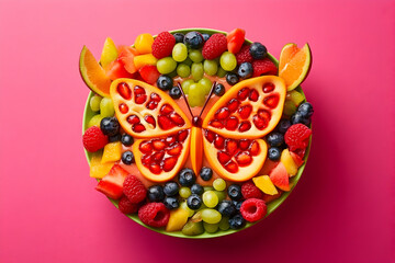 A beautiful butterfly made of fresh fruit, surrounded by colorful berries and melons