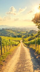 Naklejka premium Scenic vineyard path with sunlight illuminating lush hills.