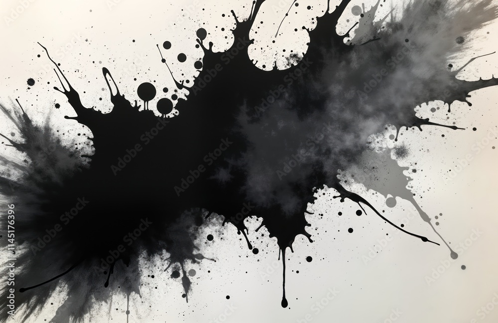 Poster ink splatter creates organic shapes on torn paper texture. monochrome palette with bold brush stroke