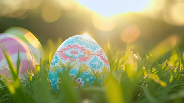 Pastel easter eggs resting amid verdant grass, glowing under soft sunset rays, capturing springtime tranquility
