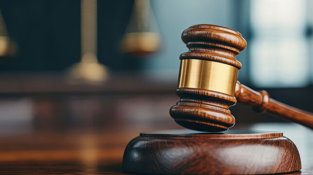 Law and justice. Wooden judge gavel in courtroom , close up view. copy space