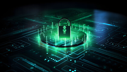 Cyber security and online data protection on internet. Cybersecurity, privacy, network technology. Encrypted data, holographic secure access system interface with lock icon.
