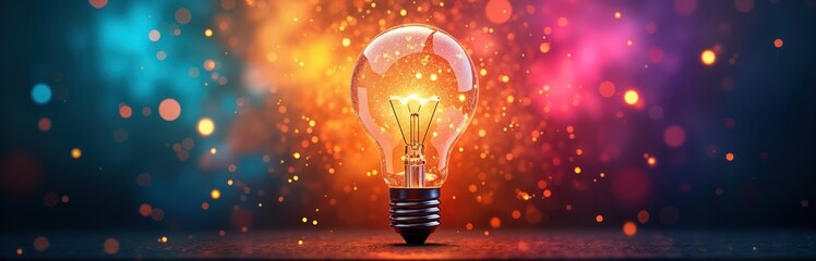 Bright light bulb bursts with vibrant energy against colorful backdrop. Creative idea sparks innovation. Abstract concept image of modern design. Illustrates creative problem solving, inspiration.