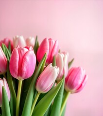 Fototapeta premium Pink, white tulips bouquet on pink background. Fresh spring flowers. Springtime gift idea for mothers day. Beautiful pastel colors. Fresh flowers. Floral decor. Springtime bouquet. Floral gift.