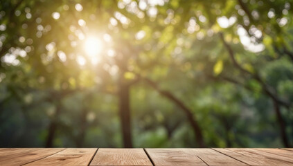 Fototapeta premium Sunlight filtering through trees casts a warm glow on a rustic wooden table in a serene forest setting during the late afternoon