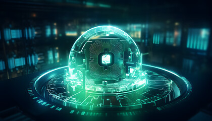 Obraz premium Cyber security and online data protection on internet. Cybersecurity, privacy, network technology. Encrypted data, holographic secure access system interface with lock icon. 