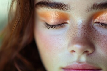 Obraz premium Intimate Portrait of a Beautiful Woman with Closed Eyes, Exuding Adorable Makeup Elegance and Captivating Beauty