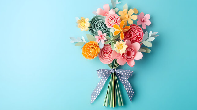 A playful paper flower bouquet with pastel blooms shaped like whimsical candy swirls tied with polka-dot ribbon.