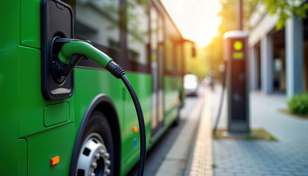 Green eco bus charges at electric charging station. Public transport, renewable energy theme. Modern urban scene. Daytime city landscape background. Sustainable transportation concept. Eco friendly
