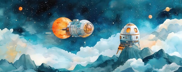 Naklejka premium Aerospace industry flat design front view theme space exploration watercolor Triadic Color Scheme