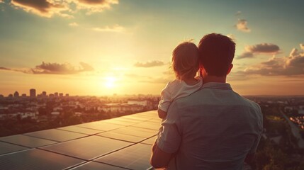father holding his little daughter in his arms, in the background solar roofs and sunset in a big city, Sustainability, ESG, 16:9