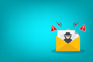 Email data phishing. Cyber thief hide inside email on a laptop computer. Virus, malware, email fraud, e-mail spam, phishing scam, hacker attack concept.	