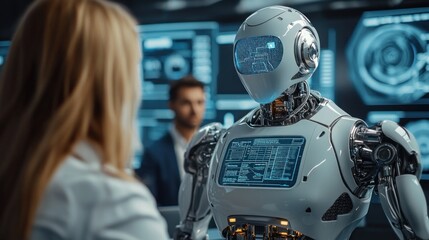 Future of Work: Team Collaboration with Humanoid Robot in Modern Office with Holographic Data Boards