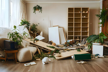Interior of messy living room with overturned table, shelf units and plants after earthquake