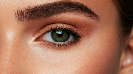 Close-up view of a woman's green eye highlighting unique features and makeup at an indoor setting
