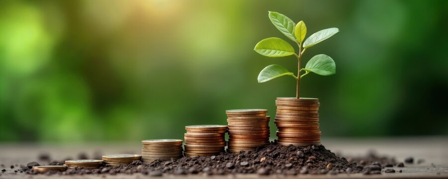 Stacks of coins form steps in soil. Small plant grows from topmost stack. Image represents retirement fund growth, stability. Investment concept with financial resources, assets. Money grows like