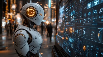 Fototapeta premium A futuristic robot interacts with a digital interface in a bustling urban environment.