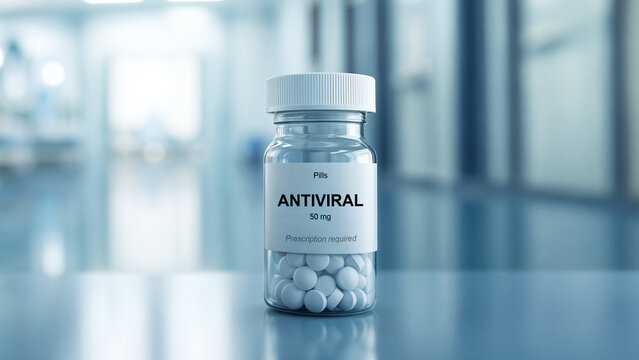Antiviral pills in a transparent bottle labeled with 50 mg dosage placed on a reflective surface in a hospital setting, pharmaceutical medication for viral infection treatment, healthcare and immunity