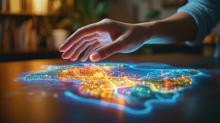 Obraz premium Futuristic Holographic Map Projection on Desk Surface with Person Navigating Routes Using Gestures