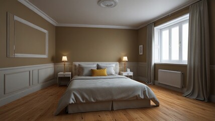 Elegant bedroom with beige walls, hardwood floors, and a large bed.