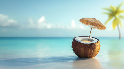 A creative tropical beach scene composed of a coconut fruit transformed into a mini beach with a sun umbrella. Oasis. Illustration