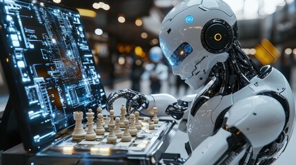 Fototapeta premium Futuristic Humanoid Robots Playing Chess in Modern High-Tech Room