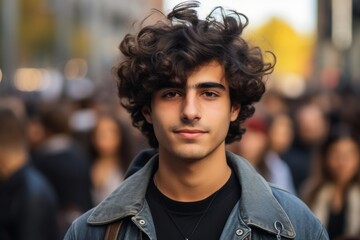 A young man with curly hair stands in a crowd of people