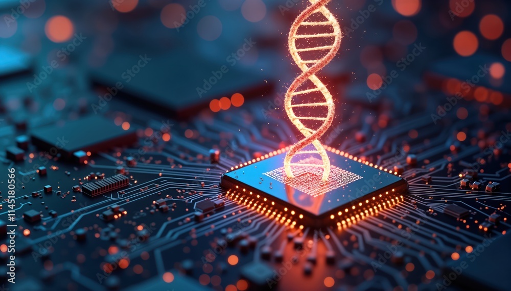 Leinwandbilder Futuristic dna helix emerges from microchip glowing circuits. Binary code surrounds. Tech innovation in bio-tech, genetic engineering. Advanced medicals. Future of healthcare. Scientific research in