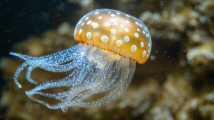 Jellyfish floating in underwater aquarium, marine animal in exotic aquatic environment, tropical wildlife wallpaper design, translucent sea creature in nature.