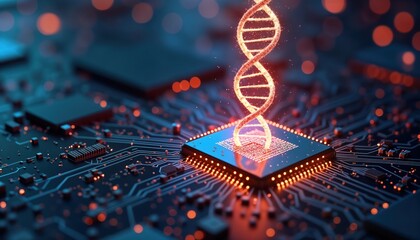 Futuristic dna helix emerges from microchip glowing circuits. Binary code surrounds. Tech innovation in bio-tech, genetic engineering. Advanced medicals. Future of healthcare. Scientific research in