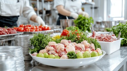Obraz premium Raw chicken pieces with fresh limes and parsley arranged in a white bowl on a commercial kitchen counter with chefs working in the background.