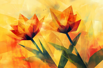 Fototapeta premium Two vibrant flowers shine against a warm yellow backdrop, showcasing nature\'s beauty