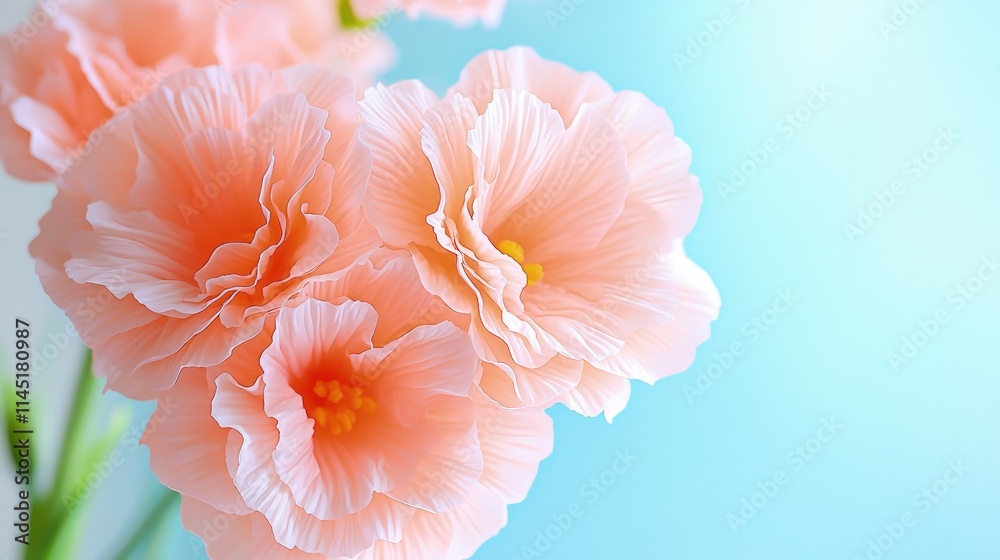 Wall mural Close-up of delicate peach-colored flowers against a light blue background.